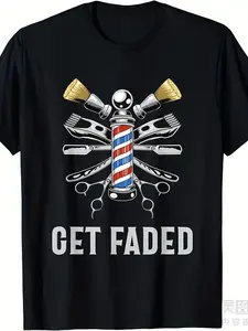 Get Faded Barber & Hairdresser Gift T-Shirt - Retro Barber Pole & Scissors Graphic Print, Unisex Short Sleeve 220gsm Heavyweight Tee for Men & Women, All-Season Casual & Salon Apparel, Barber Shop Design with Lettering