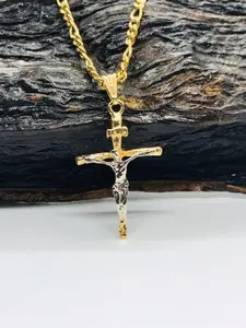 Two Tone Rustic Cross Necklace for Mens Womens Boys Girls Catholics Jewelry Easter Christmas Anniversary Birthday Wedding Engagement Figaro Chain