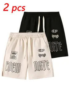 Men's Street Style Printed Drawstring Shorts, Casual Loose Fit Sporty Shorts, Suede Fabric, Vintage Letter Pattern, Summer Daily Wear, Athleisure Shorts, Streetwear Sports Shorts, Casual Athletic Shorts