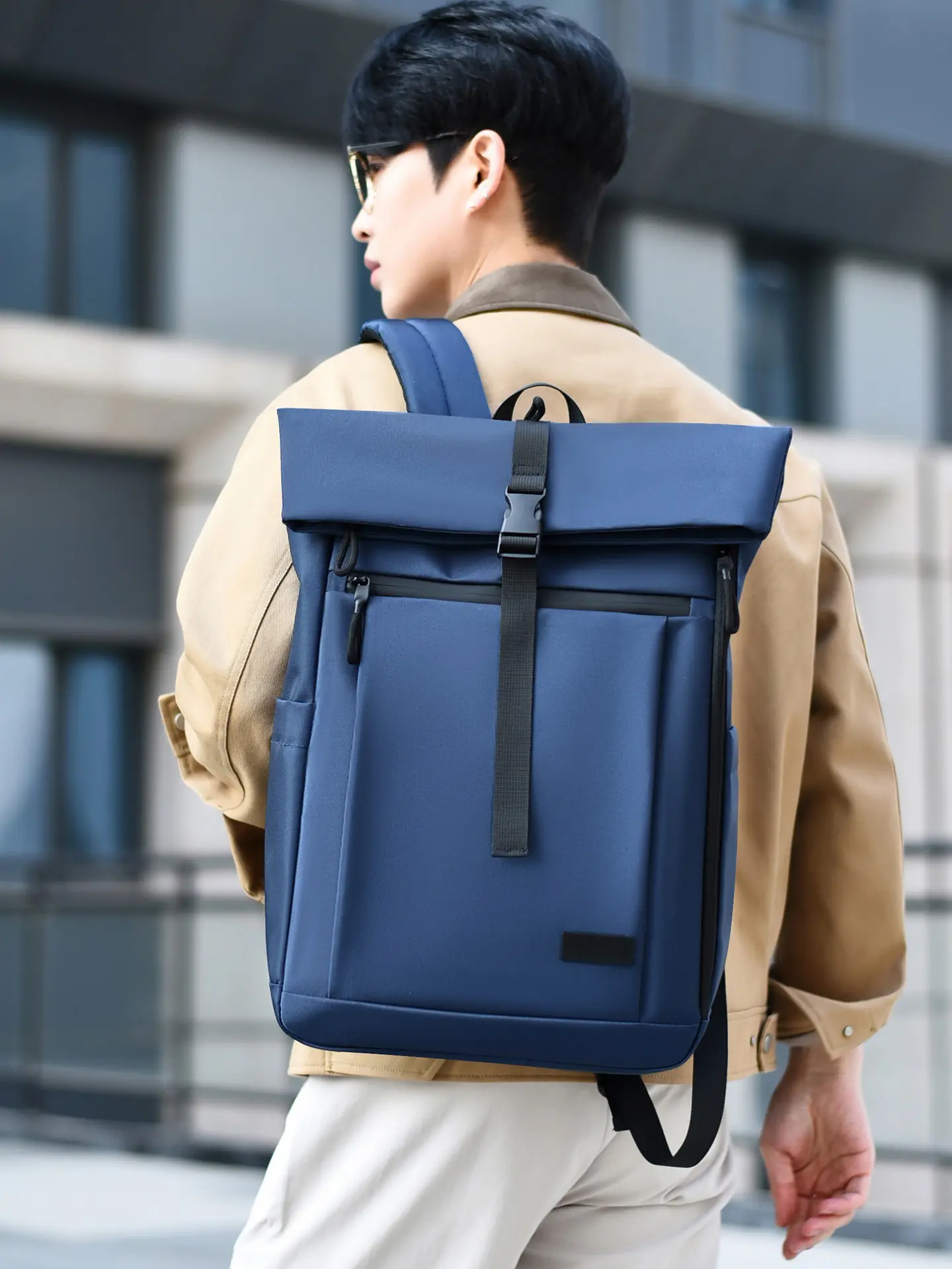Roll-Top Business Backpack, Large Capacity Waterproof Oxford Computer Bag, Multi-Layer Design, Commute & Travel, Commuter Backpack, Traveler Essentials Backpack, Travel Backpacks, Student Bookbag, Durable