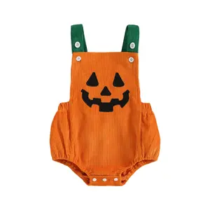 Baby Halloween Romper Pumpkin Face Sleeveless Overalls Contrast Color Jumpsuit for Party Costume
