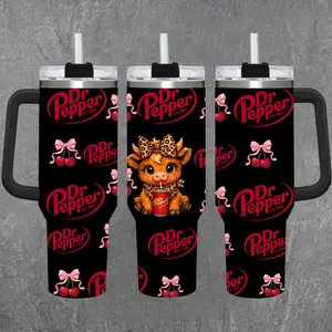 [Dr Pepper] Dr Pepper Cute Cow Cherry 20oz & 40oz Tumbler With Handle – Kawaii Animal Stainless Steel Cup, Red Aesthetic Girly Design, Insulated Iced Coffee Travel Mug, Trendy Drinkware, Gift For Women