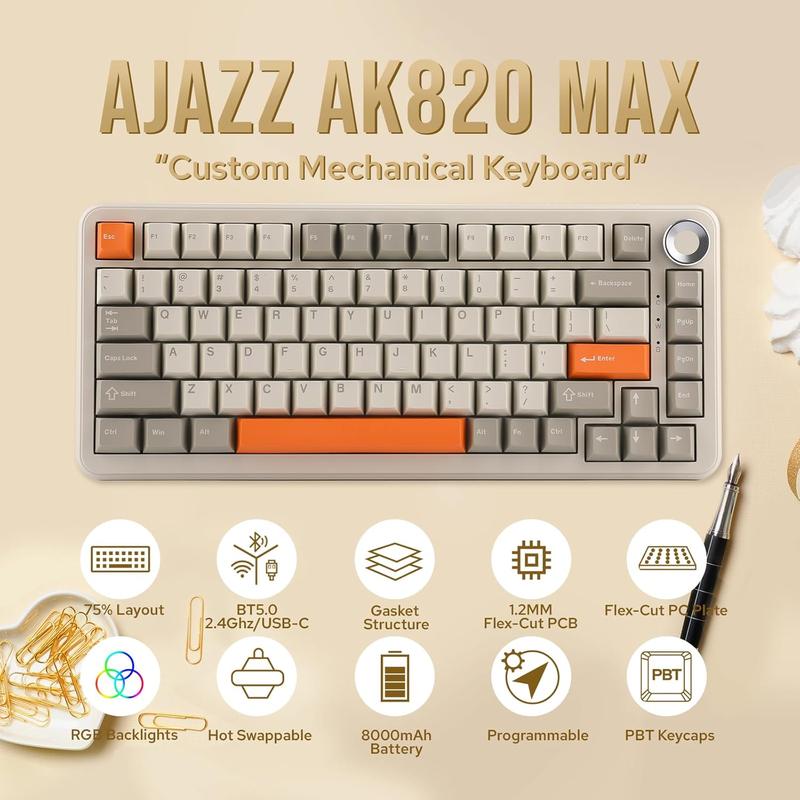 AJAZZ AK820 MAX Tri-Mode Mechanical Keyboard 2.4G Wireless Bluetooth USB-C 75% 82Key Compact Layout 8000mAh Battery Hot-Swappable Gasket Mount PBT Keycaps RGB Backlit Metal Knob Boyfriend Gift Fish Switch Grey Gaming Keyboard  keyboard