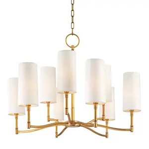 Dillon 9-Light Chandelier with Off-White Linen Shades in Aged Brass or Old Bronze Finishes
