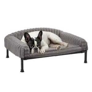 Veehoo Elevated Dog Bed with Bolster Cushion, Fluffy Plush Dog Couch Beds for Small Dogs, Cats, Washable Raised Pet Cot with Non-Slip Feet for Indoor or Patios Use, 24 x 18 Inches, Brown