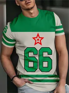 66 "printed summer men's short sleeved T-shirt, white and green contrasting casual round neck short sleeved top, multifunctional men's top, suitable for outdoor daily fitness, sports and leisure, machine washable
