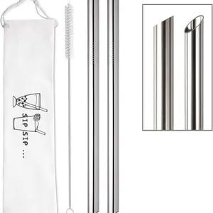 2 Silver 304 Reusable Slanted Stainless Steel Straws - Angled Straight Pipe for Bubble Tea, Tapioca Pearls, Silver 304 Angled Straight Pipe