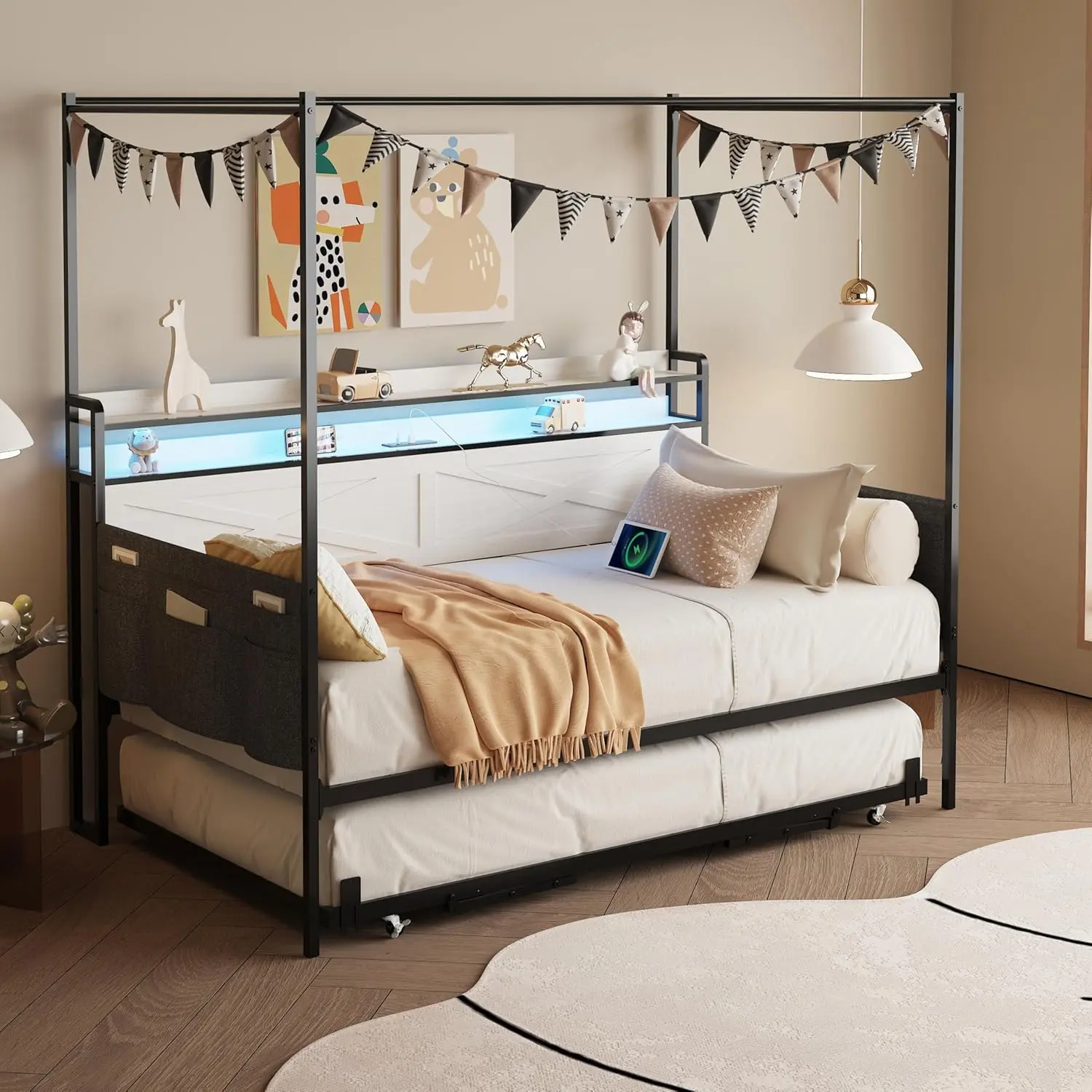 Classic Twin Size Metal 4-Poster Canopy Daybed with Pop-up Trundle, USB Ports, Storage Headboard, Heavy-Duty Frame, Space-Saving Design for Bedroom/Guest Room, No Box Spring Needed