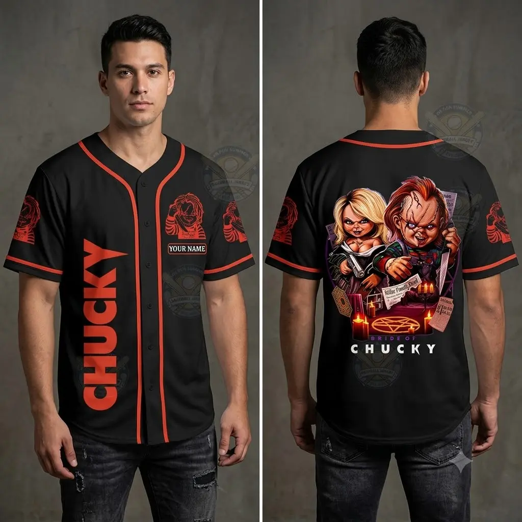 Characters Baseball Jersey, Wanna Play Chucky Shirt Personalized Custom Name Halloween Shirt Jerseys Breathable Men's Baseball Jersey 3D Printed Unisex Horror Tiffany and Chucky Outfit For Halloween Movie Gift Shirt Fan