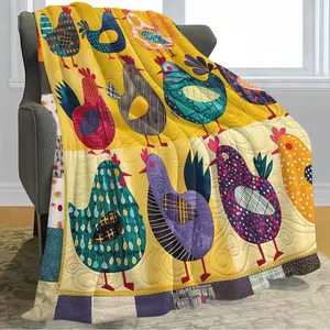 Retro Vibe Colorful Patchwork Rooster Blanket - Handcrafted Look, Distinct Color Combinations, Decorative Rooster Motif, Warm, Suitable as Sofa Cover, Nap Blanket
