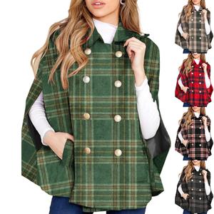 Imily Bela Womens Plaid Jacket Double Breasted Winter Cape Coats Turn Down Poncho with Pockets