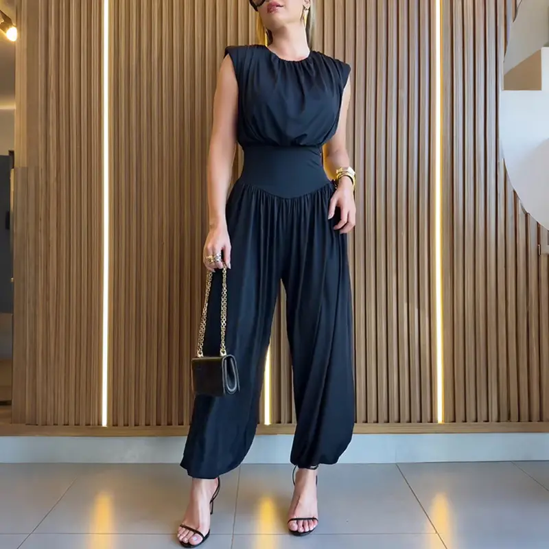 ChicMe Women's Padded Shoulders Sleeveless Jumpsuit Side Slits With Buttons  Cinched Basque Waist Hollow-out Back Wedding Guest Outfits Womenswear