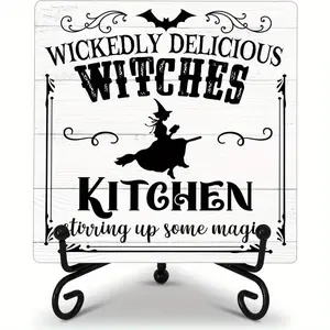 Halloween Desk Decor Sign, Wickedly Delicious Witches Kitchen Centerpiece, Halloween Gifts for Family & Friends, Witch Wooden Plaque with Iron Stand