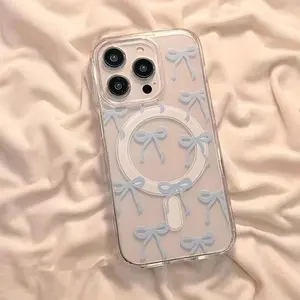 Blue Bow Compatible with iPhone 16 15 Pro Max Plus 14 13 12 mini 11 X XR XS Beautiful Gift Selection Durable shockproof Anti-Scratch PC Protective Case Design Pattern It Offers Shockproof Protection And Supports Magnetic Wireless Charging