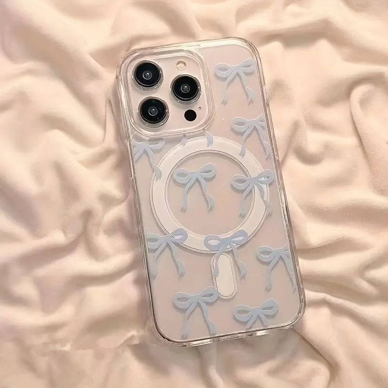 Blue Bow Compatible with iPhone 16 15 Pro Max Plus 14 13 12 mini 11 X XR XS Beautiful Gift Selection Durable shockproof Anti-Scratch PC Protective Case Design Pattern It Offers Shockproof Protection And Supports Magnetic Wireless Charging