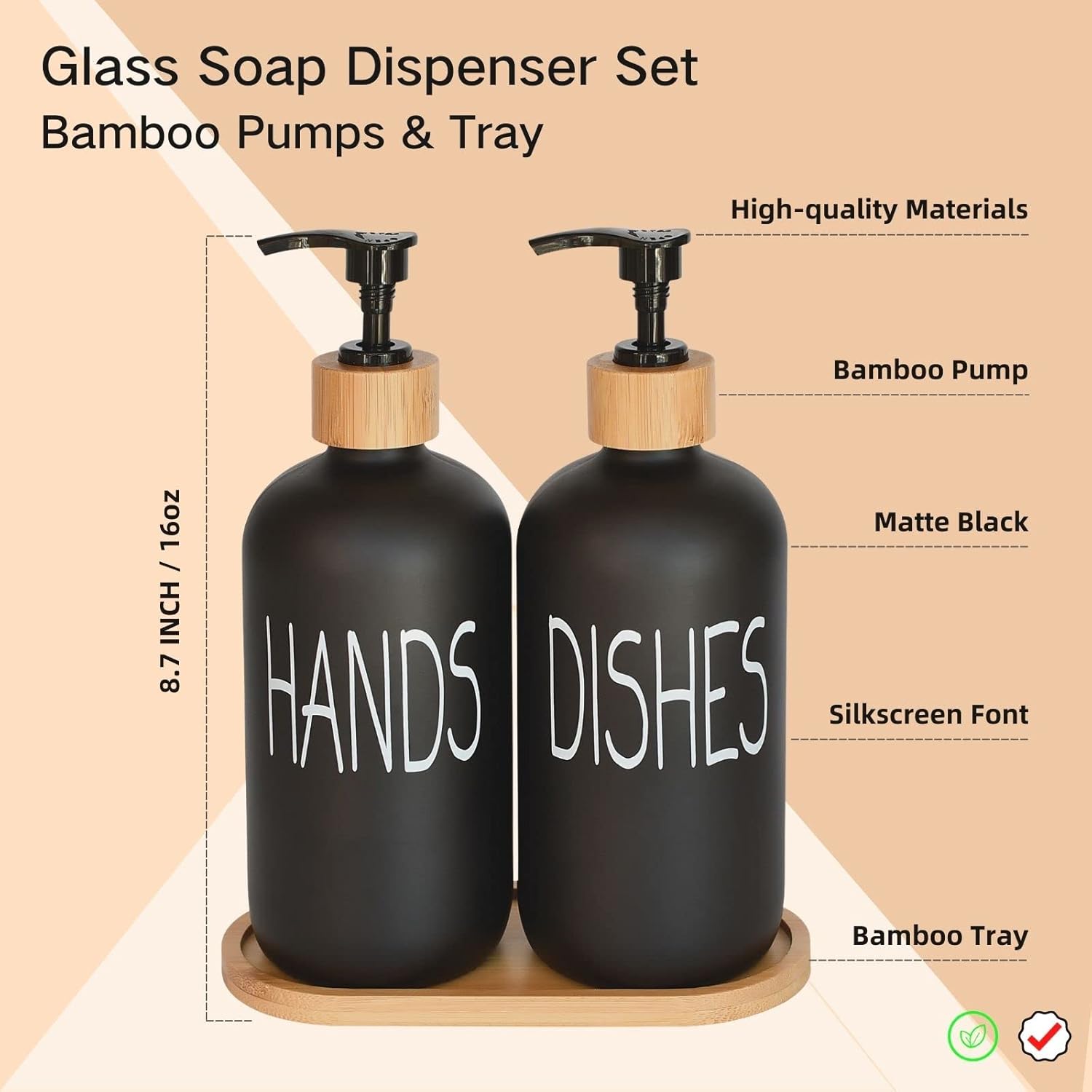 Glass Soap Dispenser Set. Hand and Dish with Bamboo Tray. Vintage Pump for Kitchen Drain Outlet Bathroom. Stylish Permanent Labels (Matte Black)
