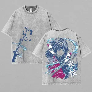Water Hashira Giyu Tomioka v2 Demon Slayer oversized Anime heavy cotton Manga Game Double Printed Acid Washed T-Shirt 90s Menswear men's Soft Tops 90s graphic tees