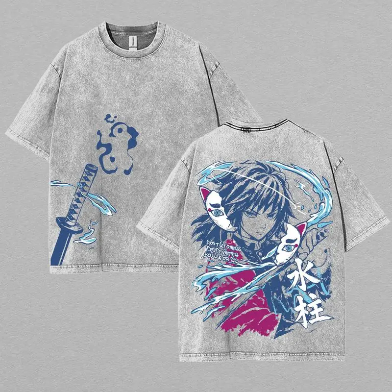 Men's Giyu Tomioka Short-Sleeve Graphic Tee - Menswear, Oversized Demon Slayer Anime Print, Soft 90s Vintage Acid-Washed Heavy Cotton Casual Streetwear Top, Shortsleeve, Graphic Tees, Anime Style, Anime Figure Graphic Men's Short-Sleeve T-Shirts