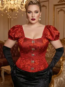 Women's Plus Size Floral Bubble Sleeve Bodysuit, Waist Cinching Shaping Top, Vintage Court Style Short Dress Upper
