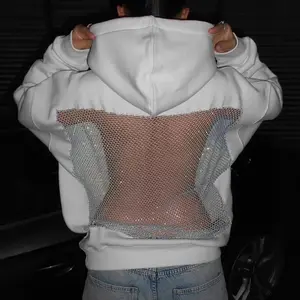 Y2K Rhinestone Mesh Cutout Hoodie for Women, Oversized Casual Long Sleeve Pullover, American Streetwear Hollow Out Hooded Sweatshirt, Y2K Aesthetic Crop Top for Gym, Party & Daily Wear