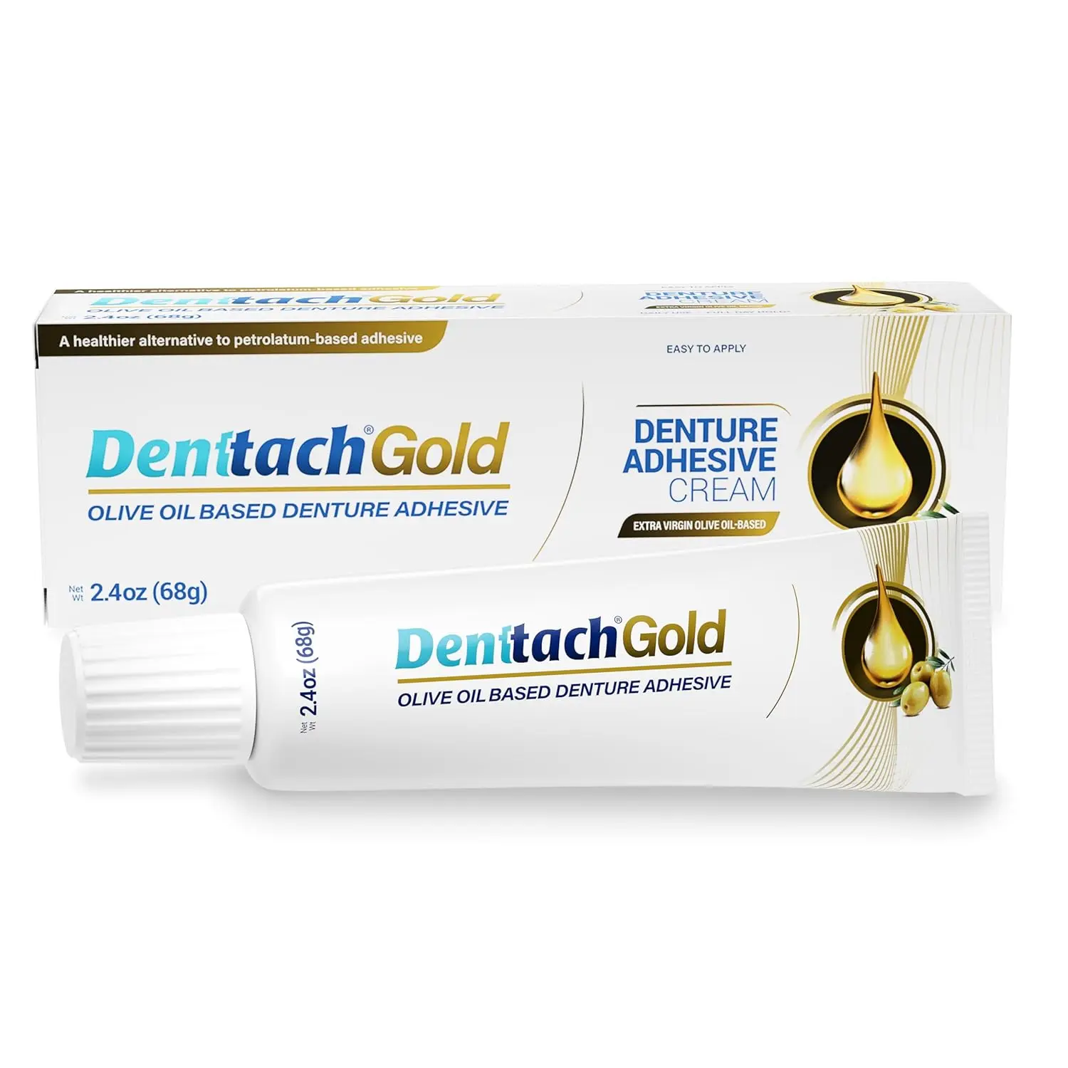 Gold Denture Adhesive, Petroleum Free Olive Oil Based Premium Denture Adhesive Cream for Full and Partial Dentures, All Day Secure Hold Denture Glue, Zinc Free, 2.4 Ounce