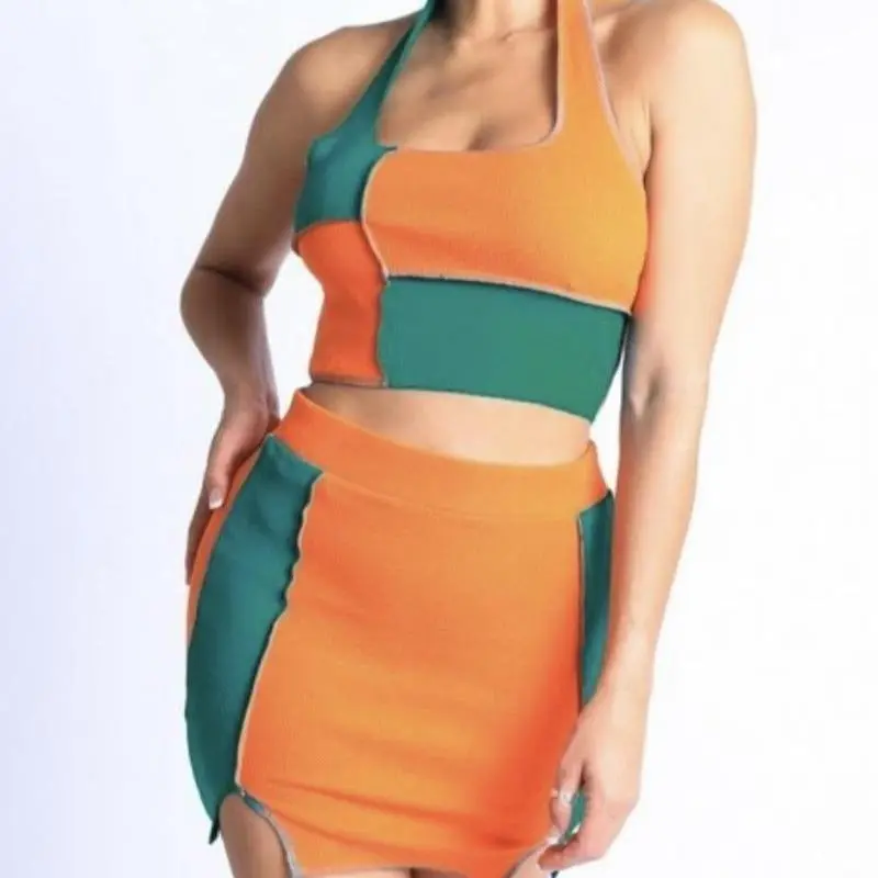 Orange and Green Color Block Skirt Set