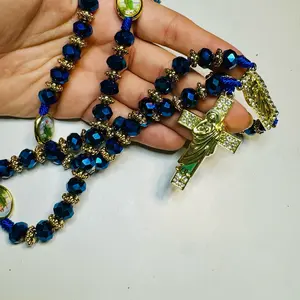 San Judas Tadeo Rosary Rosario crystal DEEP BLUE beads Rosario  10mm 2 sided light blue gold