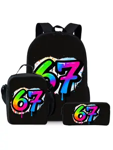 Color number 67 printed three piece set including backpack for school, lunch bag and pencil case
