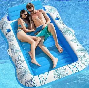 Inflatable Tanning Pool Lounge Float With Cup Holder, 86″ x 63″ Extra Large Pool Floats Adult with Pillow, Large double-person Inflatable Float, Sunbathing Bed Lounge for Water Blow Up Kids Ball Pit Party Gifts, inflatable Sofa Summervibes