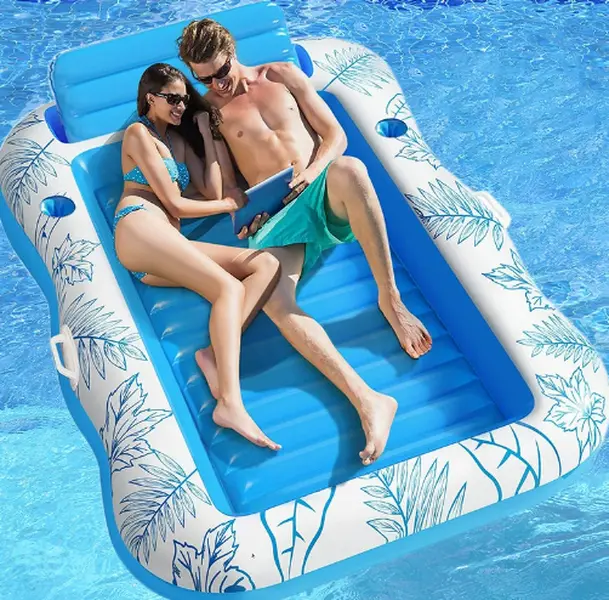 Inflatable Tanning Pool Lounge Float With Cup Holder, 86″ x 63″ Extra Large Pool Floats Adult with Pillow, Large double-person Inflatable Float, Sunbathing Bed Lounge for Water Blow Up Kids Ball Pit Party Gifts, inflatable Sofa Summervibes