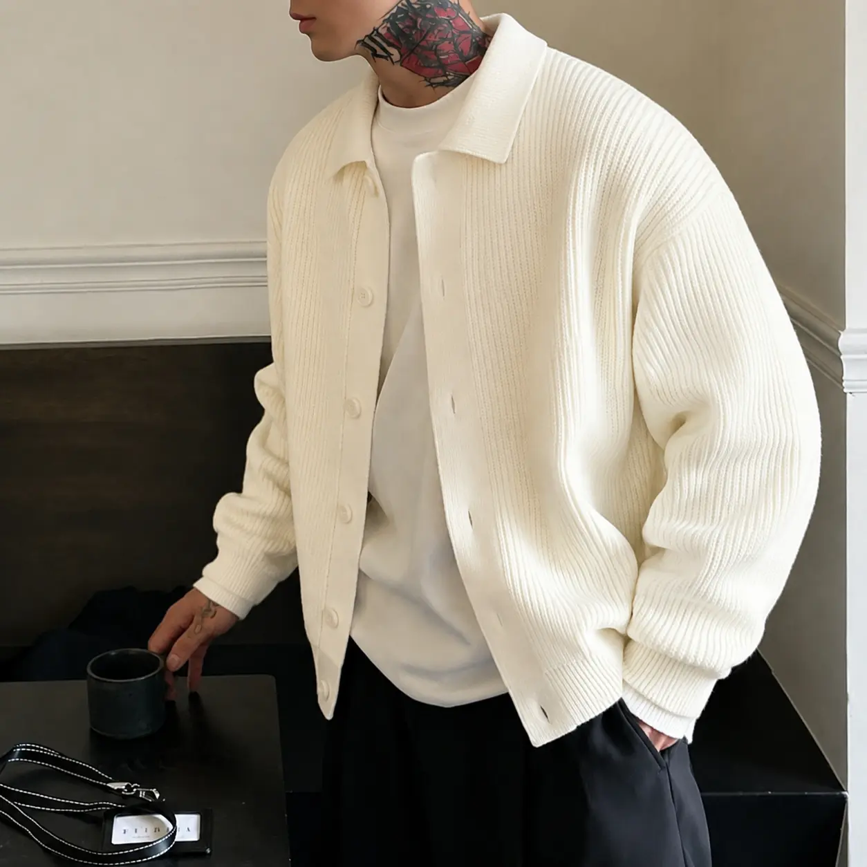 Men's Vintage Polo Collar Long Sleeve Knit Cardigan, Oversized Button-Down Ribbed Sweater Jacket, Cozy Menswear Tops for Fall Winter Layering, Smart Casual Minimalist Office & Relaxed Weekend Wear