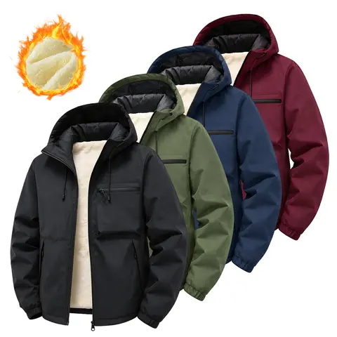 Men’s hooded thick fleece jacket with warm lining, multiple pockets, windproof workwear outerwear for autumn/winter commuting and casual wear
