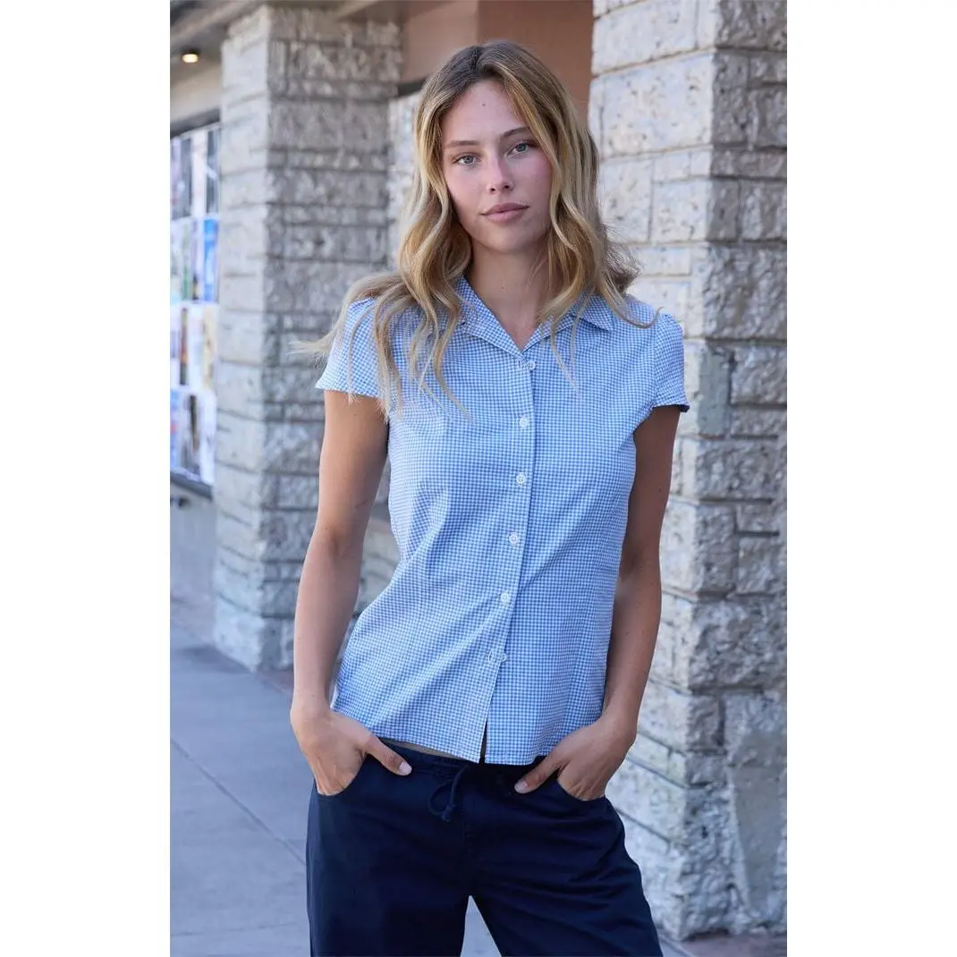John Galt Women's Light Blue Gingham Rue Collared Top