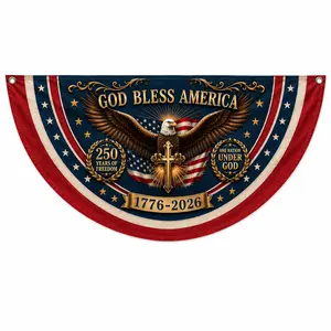 (1 Piece Only) God Bless America Semicircular Flag Christian Patriotic Eagle Cross One Nation Under God 1776-2026 America 250 Years of Freedom Porch Railing Decor We provide 2 grommet holes for this product.