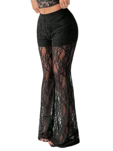 【Plus Size】 Solid Lace Flare Leg Pants, Casual Lounge Pant Comfy Breathable Bell Bottom Trousers for Daily Wear, Women's Bottoms for All Seasons