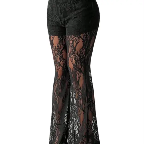 Women's Plus Size Solid Lace Flare Leg Pants, Comfy Breathable Bell Bottom Trousers, Casual Chic Trousers for Daily Wear, Women's Bottoms for All Seasons, Casual Style Bottoms