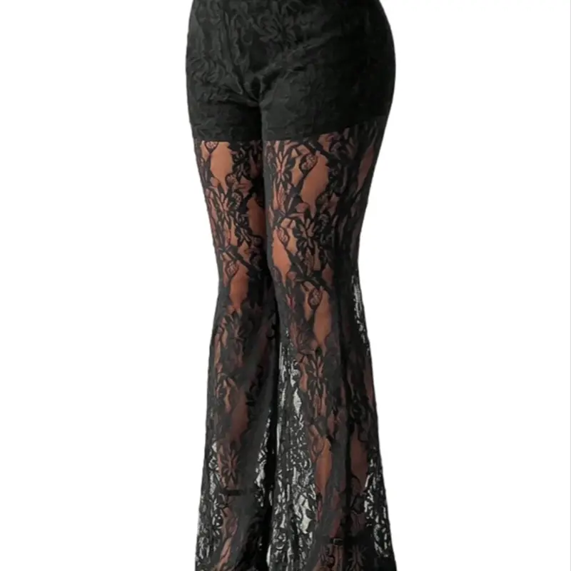 Women's Plus Size Solid Lace Flare Leg Pants, Comfy Breathable Bell Bottom Trousers, Casual Chic Trousers for Daily Wear, Women's Bottoms for All Seasons, Casual Style Bottoms