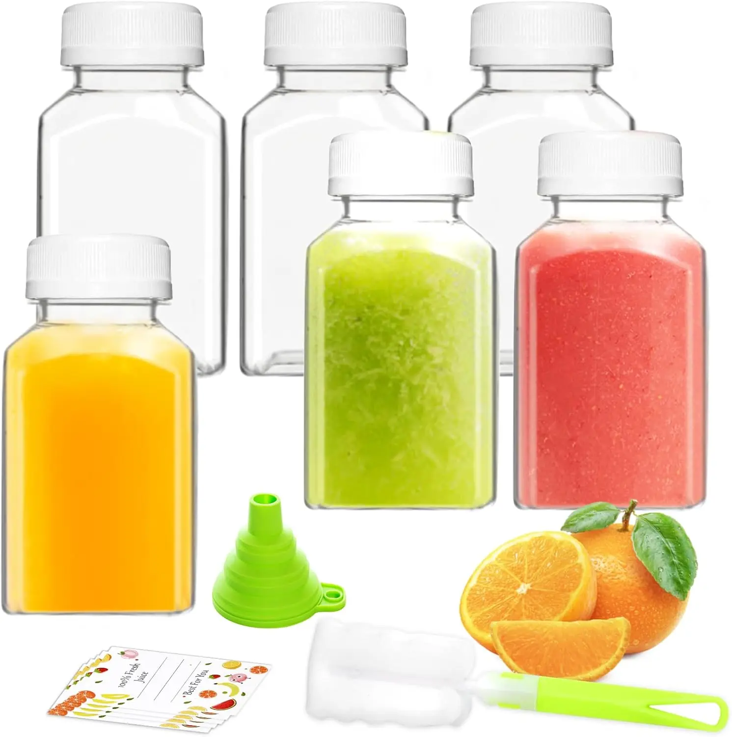 6 Pack 4oz Plastic Juice Bottles with Tamper Proof Lids, Reusable Beverage Containers with Funnel, Brush and Labels for Juice, Smoothies and Homemade Drinks