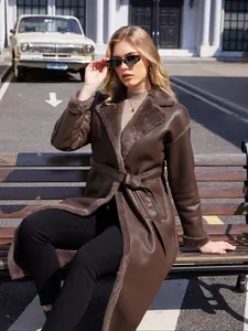 Women's Solid Belted Drop Shoulder Faux Fur Fuzzy Fitted Jacket, Casual Fashionable Outerwear, Casual Long Sleeve Collared Lapel Neckline Coats Outerwear for Fall & Winter, Ladies Clothes for Daily Wear, Womenswear