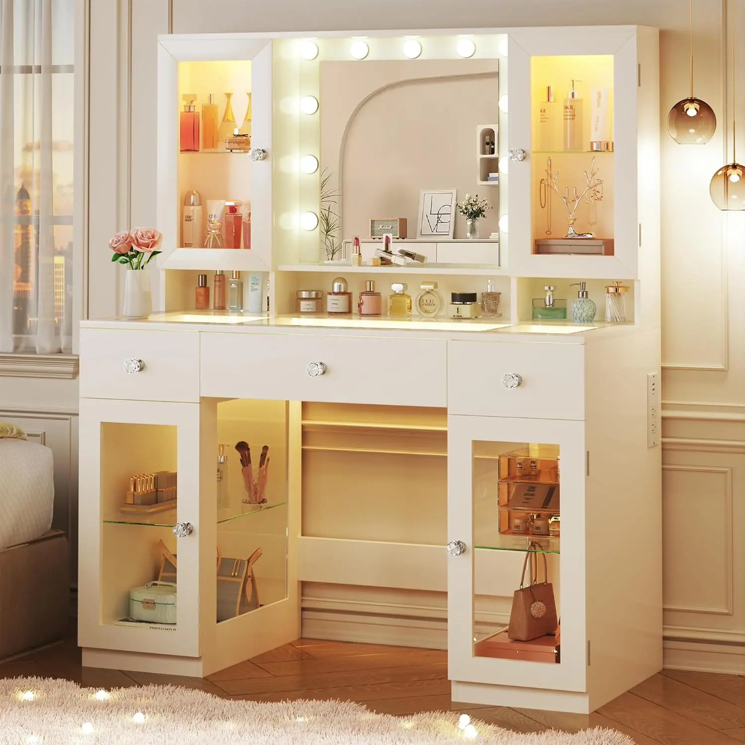 43" Modern Glam White Glass-Top MDF Wood Makeup Vanity Desk with Mirror - RGB Lighting, Sensitive Touch Buttons, Adjustable Brightness, Power Outlet, 4 Cabinets, 3 Drawers, Indoor Bedroom Furniture for Organization