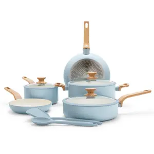 Green Pan essence 10  piece Premium Non-Stick Ceramic Pots and Pans in Robins Egg Blue haze with wooden print handles - Cookware