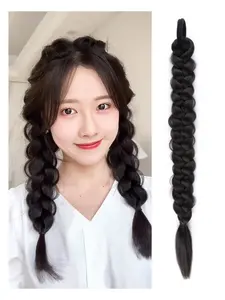 Women's Braided Ponytail Braid Double Ponytail Natural Fishbone Twist Long Hair Wig, Stylish and Durable Synthetic Fiber