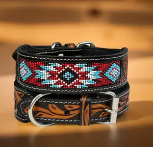 Western Leather Dog Collar Full Grain Leather Handmade Tooled Carved 1.5" wide