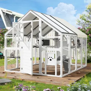 Aobtkel®Extra Large Catio Outdoor Cat Enclosure, Walk-in Outdoor Pet House for Multiple Cats, Catio Cat Run Cage with Bridges, PVC Roof, Weatherproof  Cover, 8 Platforms, 2 Resting Box, White and Grey#Summervibes