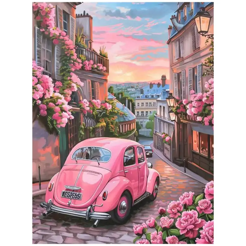 Pink vintage car street wall art  ,Multiple sizes available including square and round diamonds. This 5D DIY diamond painting set diamond art embroidery kit handmade furniture decor holiday birthday art personalized gift DIY Kits.