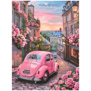 Pink vintage car street wall art  ,Multiple sizes available including square and round diamonds. This 5D DIY diamond painting set diamond art embroidery kit handmade furniture decor holiday birthday art personalized gift DIY Kits.