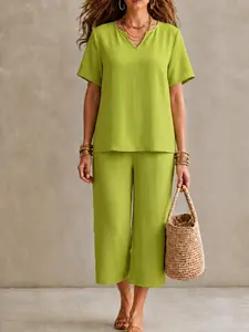 Women's V-Neck Short Sleeve Shirt Set, Wide Leg Pants with Elastic Waist, Solid Color Casual Comfortable, Perfect for Daily Wear