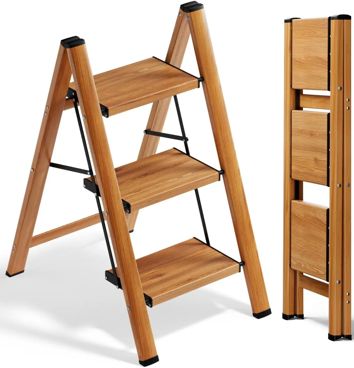 3 Step Ladder, Lightweight Folding Step Stool, Woodgrain | Anti-Slip 7.9'' Wide Pedal;Space-Saving;For Kitchen, Home, Library, Office Use;300lbs Capacity