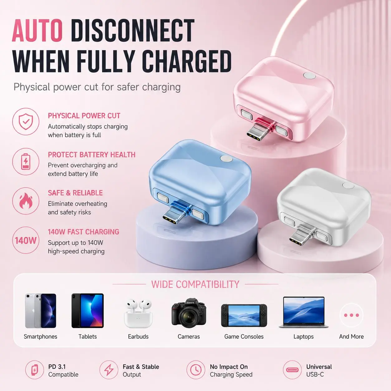 Smart Auto Stop Charging Adapter, Disconnect Charging Cable Protector Power Breaker Fully Charged Separator Detaches Power After Complete Charged Separate Cable Defender