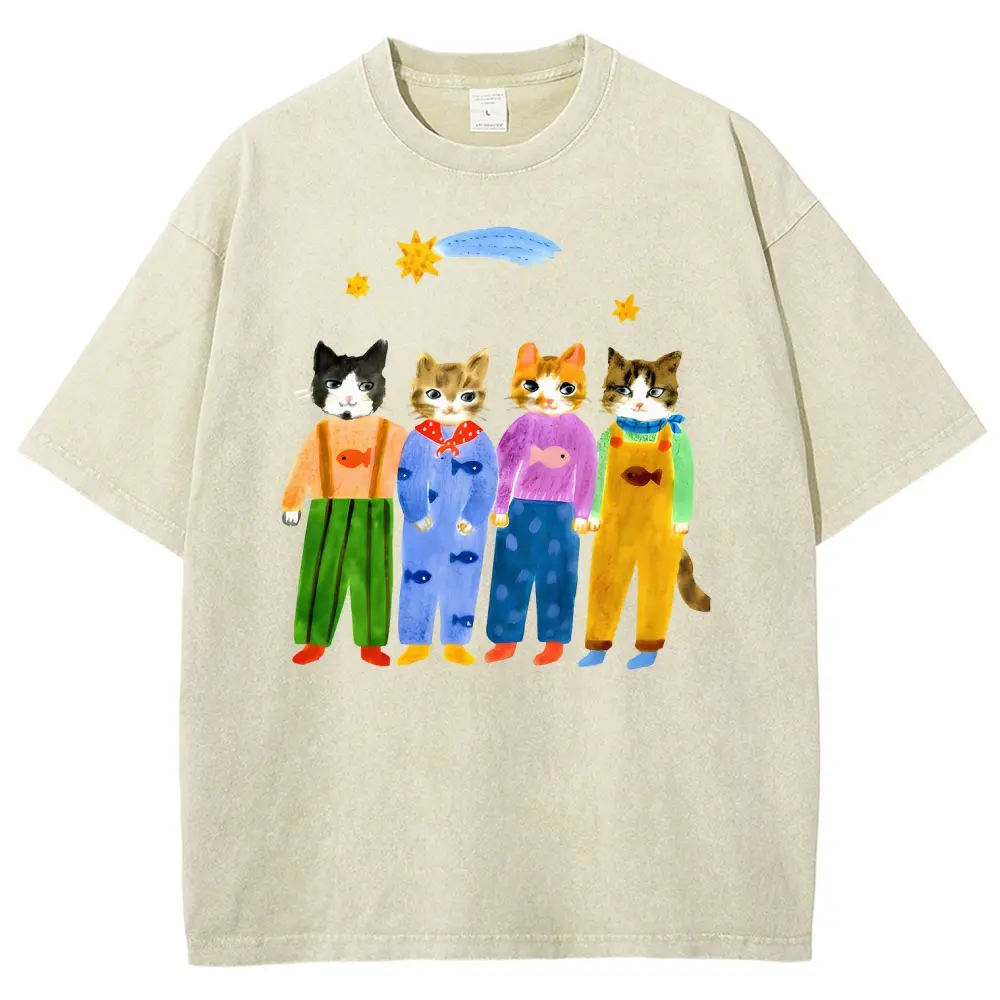 Unisex Vintage Acid Wash Oversized T Shirt for Women Men, Watercolor Cute Dressed Cats Shooting Star Retro Graphic Short Sleeve Tee, Whimsical Kidcore Cottagecore Cat Lover Casual Cotton Top